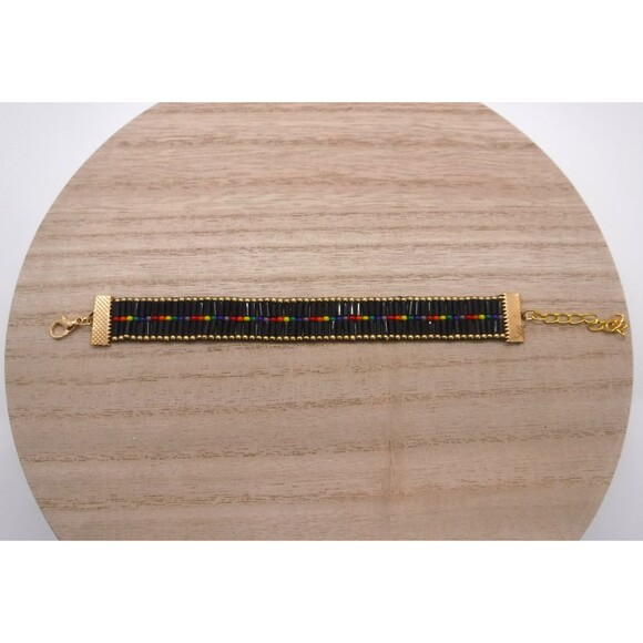 Loom Beaded Bracelet Black, Rainbow & Gold - Picture 4 of 5